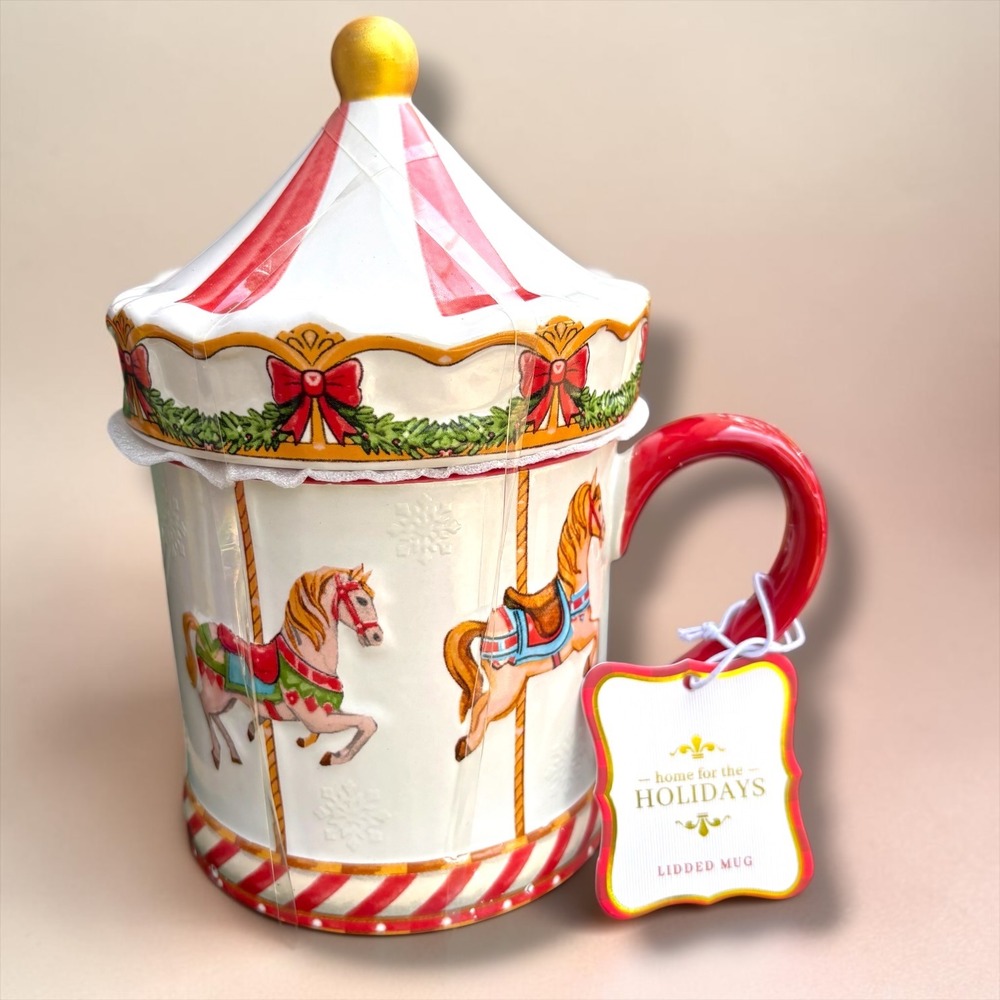 Global Design Connections Christmas Carousel Lidded Mug Ceramic Holiday Horse